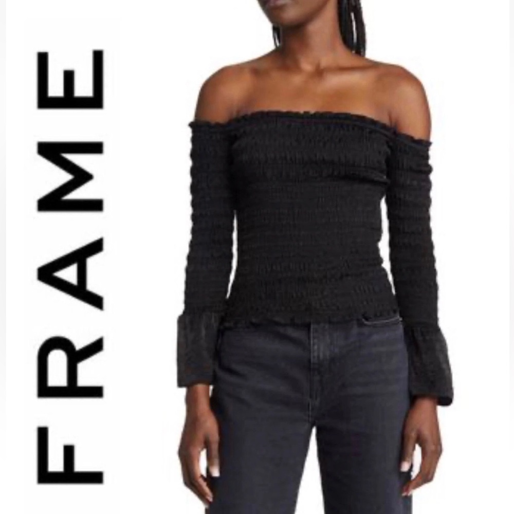 FRAME Smocked Off Shoulder Top in Black Size XS